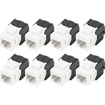 Huit prises modulaires Keystone disposées en deux rangées. Elles sont blanches avec des caches noirs et conviennent aux câbles CAT 6a.