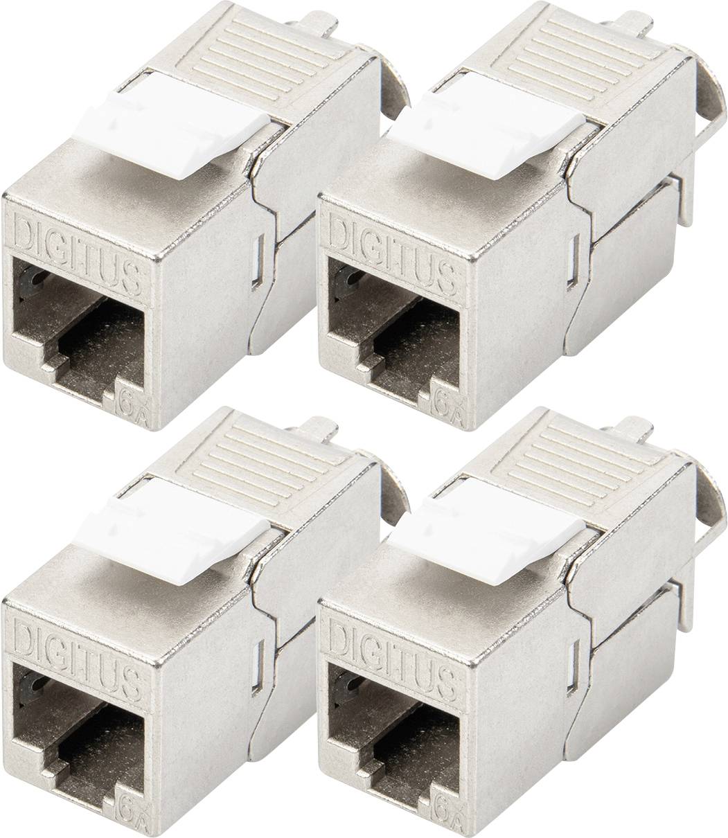 Quatre modules Keystone Ethernet métalliques avec levier de verrouillage blanc, adaptés à l'installation dans les répartiteurs réseau.