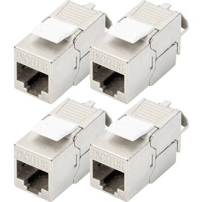 Quatre modules Keystone Ethernet métalliques avec levier de verrouillage blanc, adaptés à l'installation dans les répartiteurs réseau.