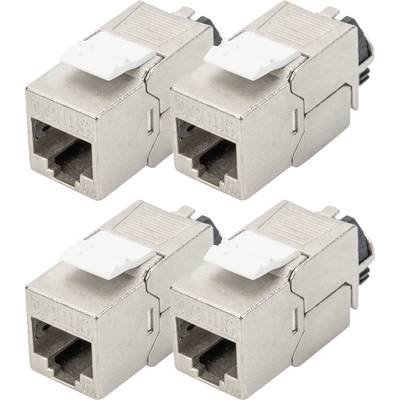Quatre fiches modulaires en métal, adaptées aux connexions Ethernet. Chaque fiche est équipée d'un système de verrouillage à déclic pour une fixation sécurisée dans la prise réseau.