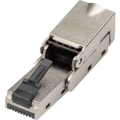 Connecteur RJ45 métallique avec clip noir. Utilisé pour les connexions de câbles réseau.