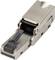Connecteur RJ45 métallique avec clip noir. Utilisé pour les connexions de câbles réseau.