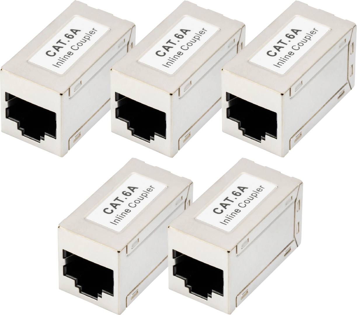 Cinq coupleurs en ligne CAT 6A pour connecter des câbles Ethernet. Boîtiers métalliques rectangulaires avec des ports femelles aux deux extrémités.