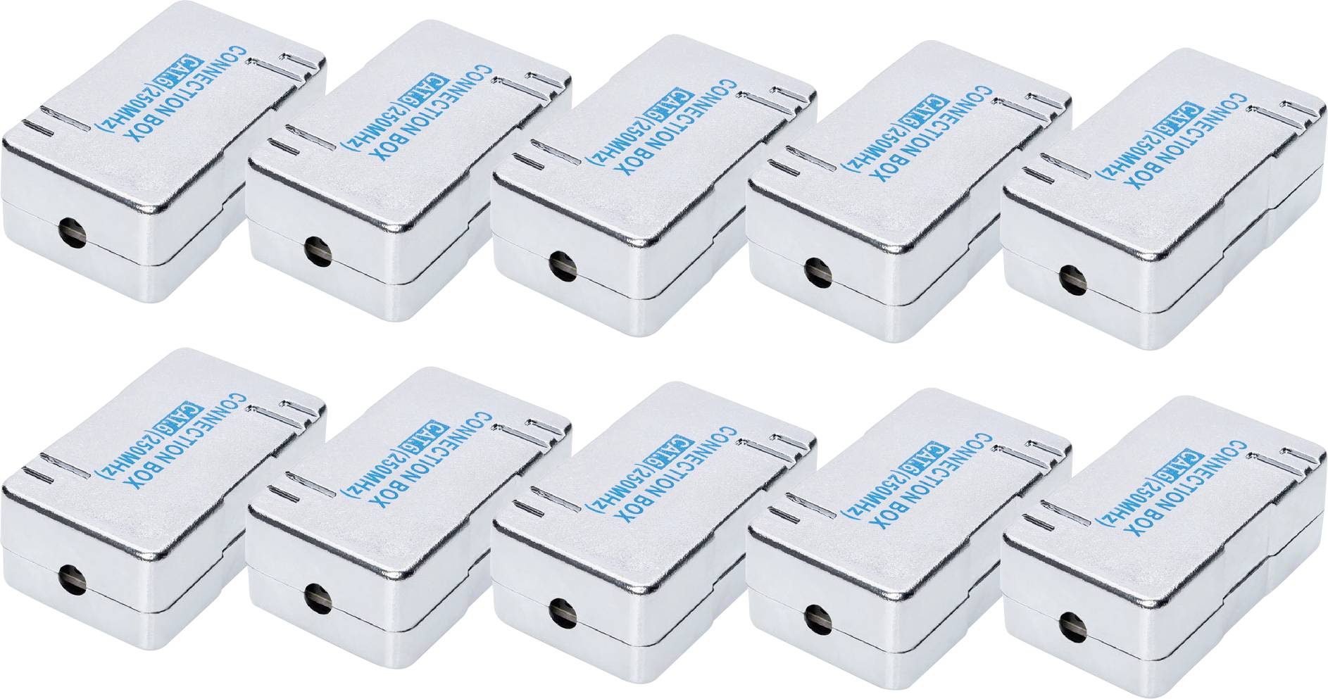 Huit supports de cartes en métal argenté identiques avec l'inscription bleue 'Bürowelt' et l'inscription noire 'Business Box'.