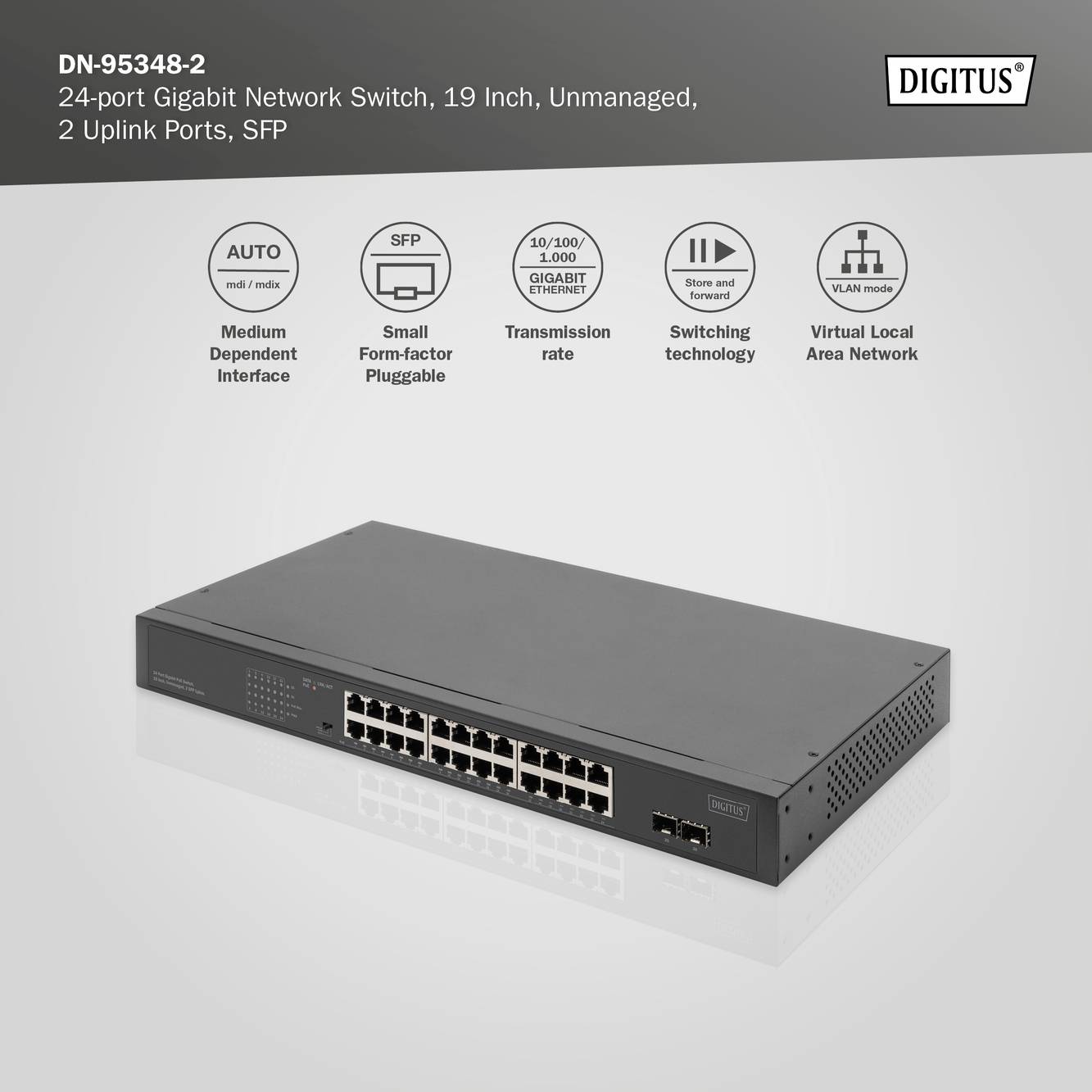 Commutateur réseau Digitus DN-95348-2, 24 ports, transmission Gigabit, format 19 pouces, non géré, 2 ports uplink, support SFP.