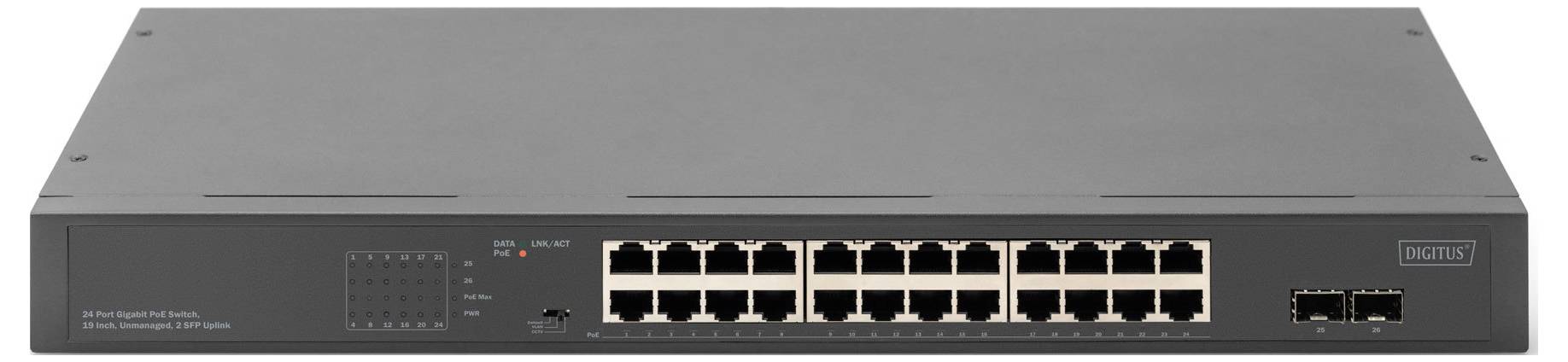 Commutateur réseau 24 ports avec deux ports SFP supplémentaires à l'avant, adapté à la distribution des connexions réseau.