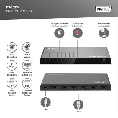L'image montre un 'Digitus 8K HDMI Switch 5x1'. Il comprend des LED pour les indicateurs de signal, un récepteur infrarouge, la prise en charge HDCP 2.2 et des ports pour HDMI et USB-C.