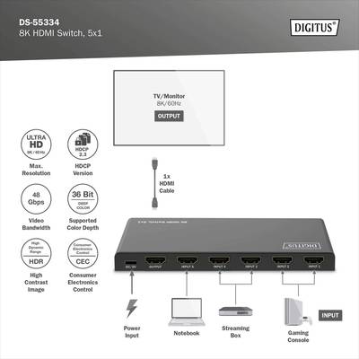 Commutateur HDMI 8K, 5 entrées vers 1 sortie. Prend en charge la résolution UHD, HDCP 2.2, profondeur de couleur 36 bits, bande passante de 48 Gbps, CEC. Connecte des appareils tels que ordinateur portable, boîtier de streaming, console de jeux.