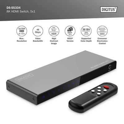 Un commutateur HDMI 8K de Digitus, modèle DS-55334, avec 5 entrées pour UHD, 40 Gbps, HDR, HDCP 2.3 et télécommande.