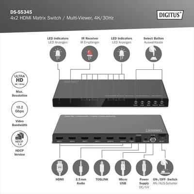 Commutateur matriciel HDMI 4x2 Digitus DS-55345 affichant les connexions, les voyants LED et les commandes. Prend en charge 4K/30Hz, débit de données de 10,2 Gbps.