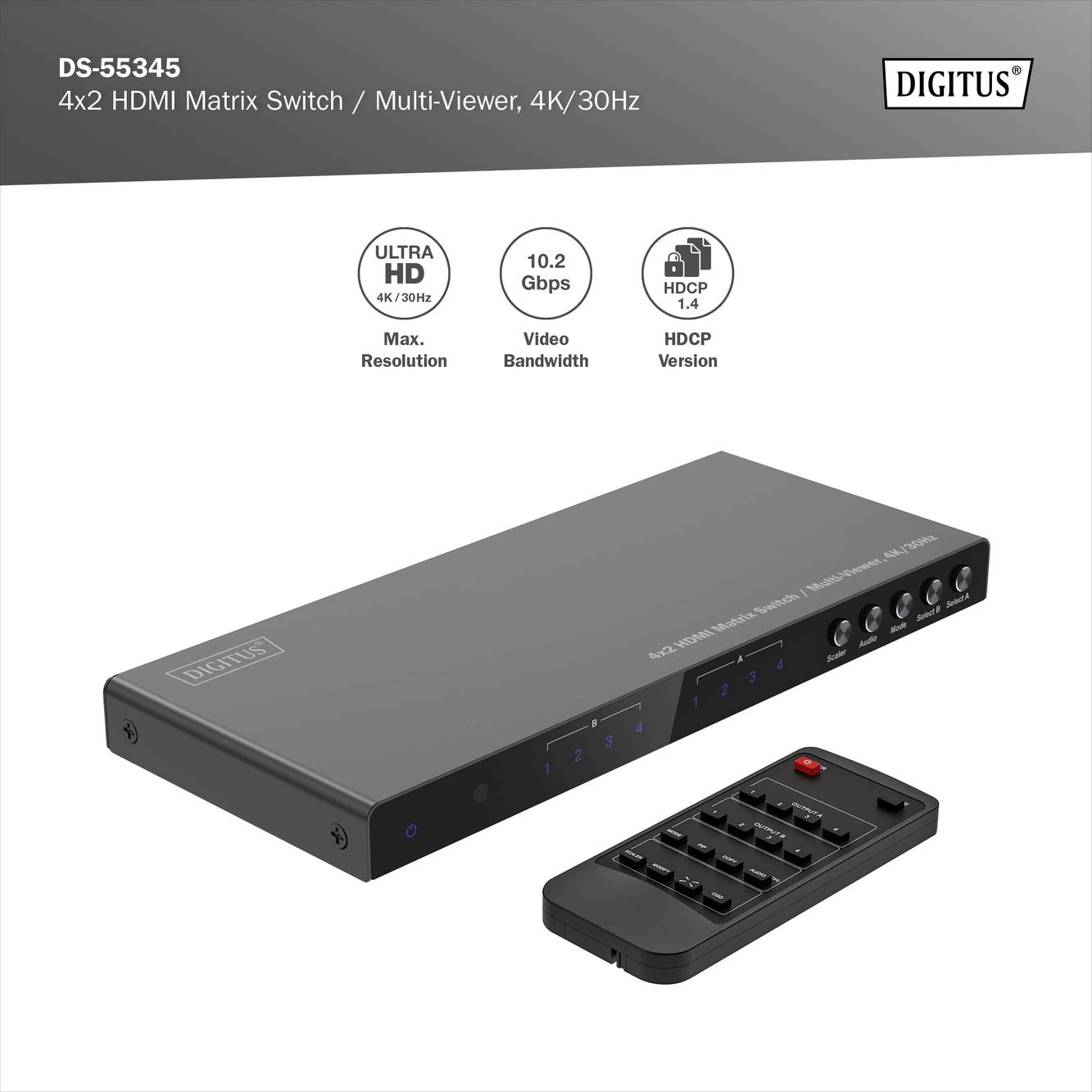 Un commutateur matriciel HDMI 4x2 avec télécommande. Prend en charge Ultra HD 4K/30Hz, 10,2 Gbps, HDCP 1.4 et offre une fonction multi-affichage vidéo.
