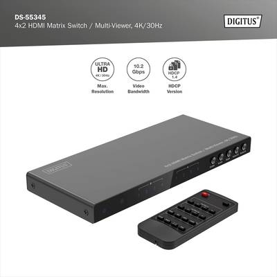 Un commutateur matriciel HDMI 4x2 avec télécommande. Prend en charge Ultra HD 4K/30Hz, 10,2 Gbps, HDCP 1.4 et offre une fonction multi-affichage vidéo.