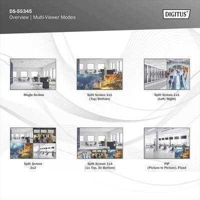 'Digitus DS-55345 Multi-Viewer Modes' présente six modes d'affichage avec des exemples visuels : Simple, Divisé, Image dans l'image et leurs différentes dispositions.