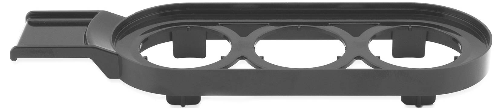 Un support noir en plastique pour trois objets cylindriques, doté d'une poignée sur le côté gauche, sur un fond blanc.