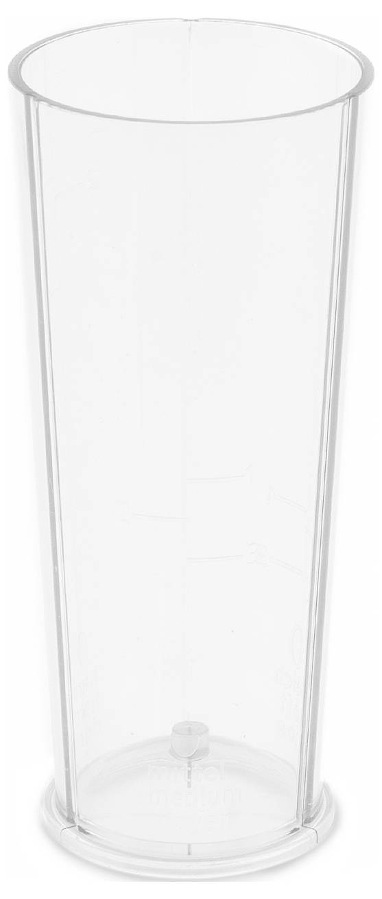 Un grand récipient doseur en plastique transparent, vide. Adapté pour mesurer des liquides ou des ingrédients en cuisine.