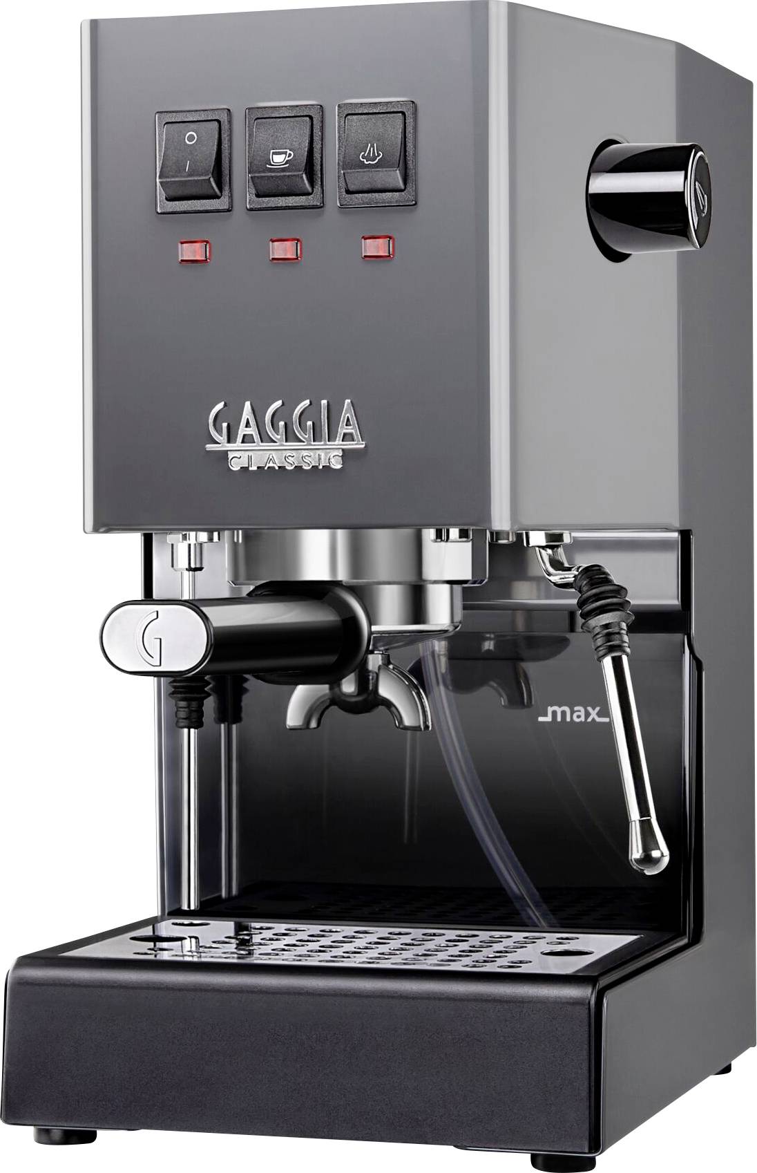Machine à espresso en acier inoxydable avec trois boutons en haut, buse à vapeur à droite et porte-tasses en bas. Marquage 'GAGGIA Classic' sur la façade.