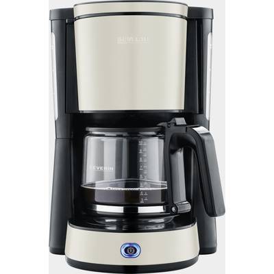 Une machine à café noire et argentée avec une carafe en verre, à moitié remplie de café. Un bouton de mise en marche bleu est allumé.