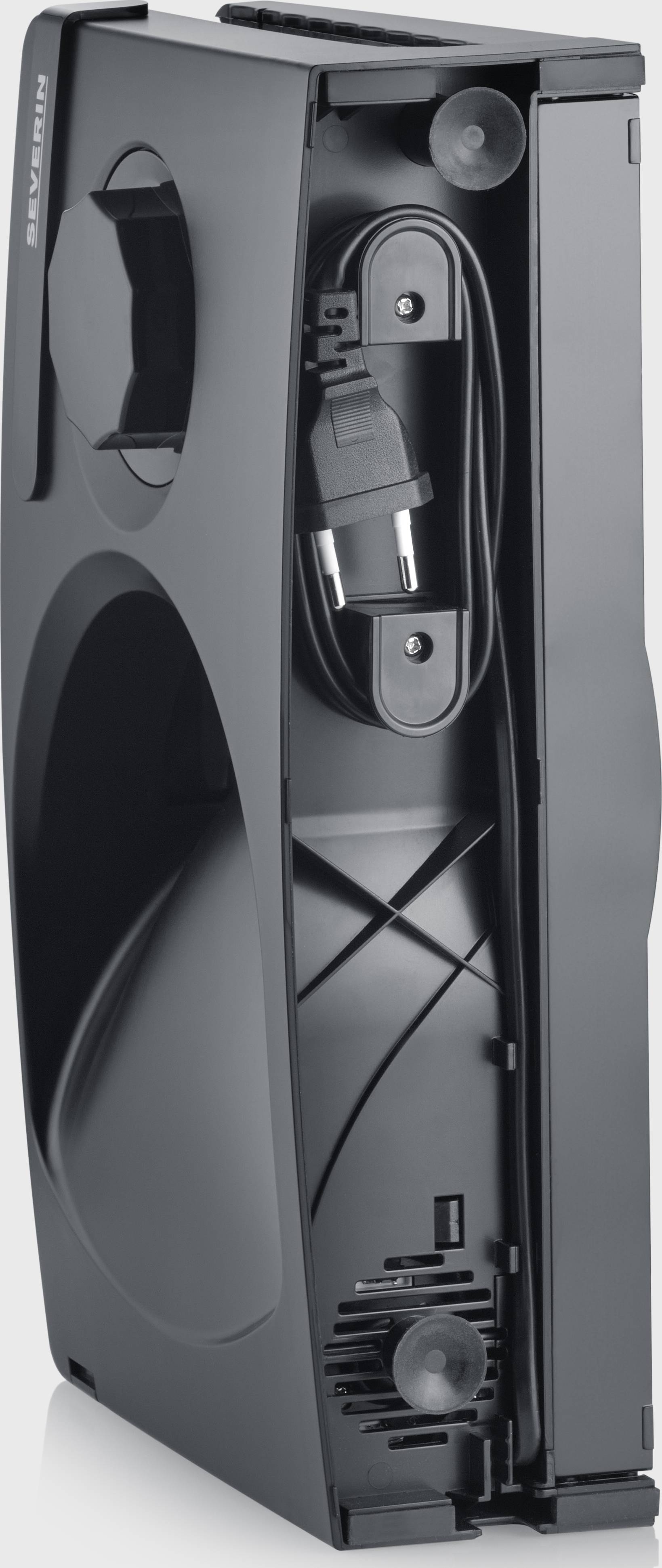 Un aspirateur noir avec un câble rangé, vu de côté. Le nom de la marque est visible en haut.