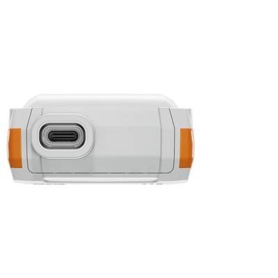 Un objet blanc rectangulaire avec un connecteur gris rectangulaire au milieu et des accents orangés sur les côtés.
