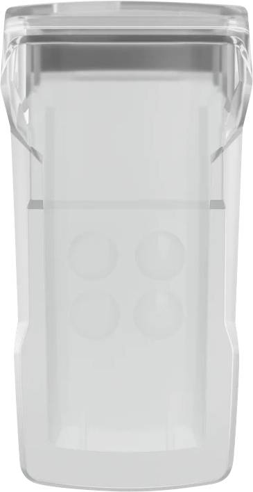 Une boîte en plastique transparent avec des coins arrondis et un couvercle rabattable, adaptée au rangement de petits objets.