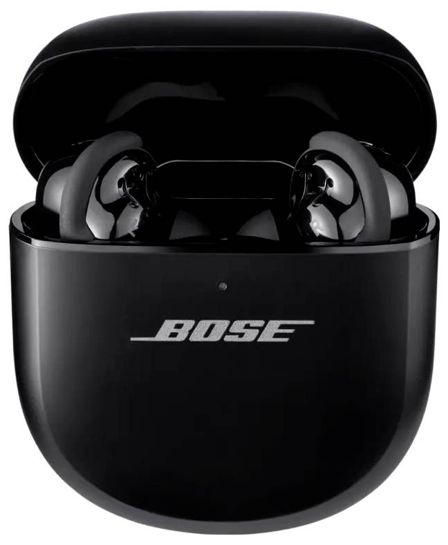 Écouteurs sans fil noirs de Bose, présentés dans un étui de charge ouvert.