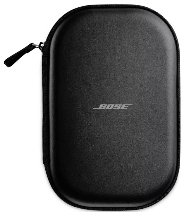 Étui noir à fermeture éclair, arborant le logo 'BOSE' au centre. Adapté pour ranger des écouteurs ou d'autres accessoires.
