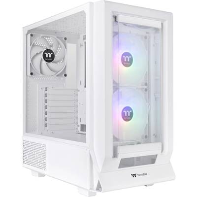 Un boîtier d'ordinateur blanc avec deux ventilateurs lumineux à l'avant et un ventilateur à l'arrière.