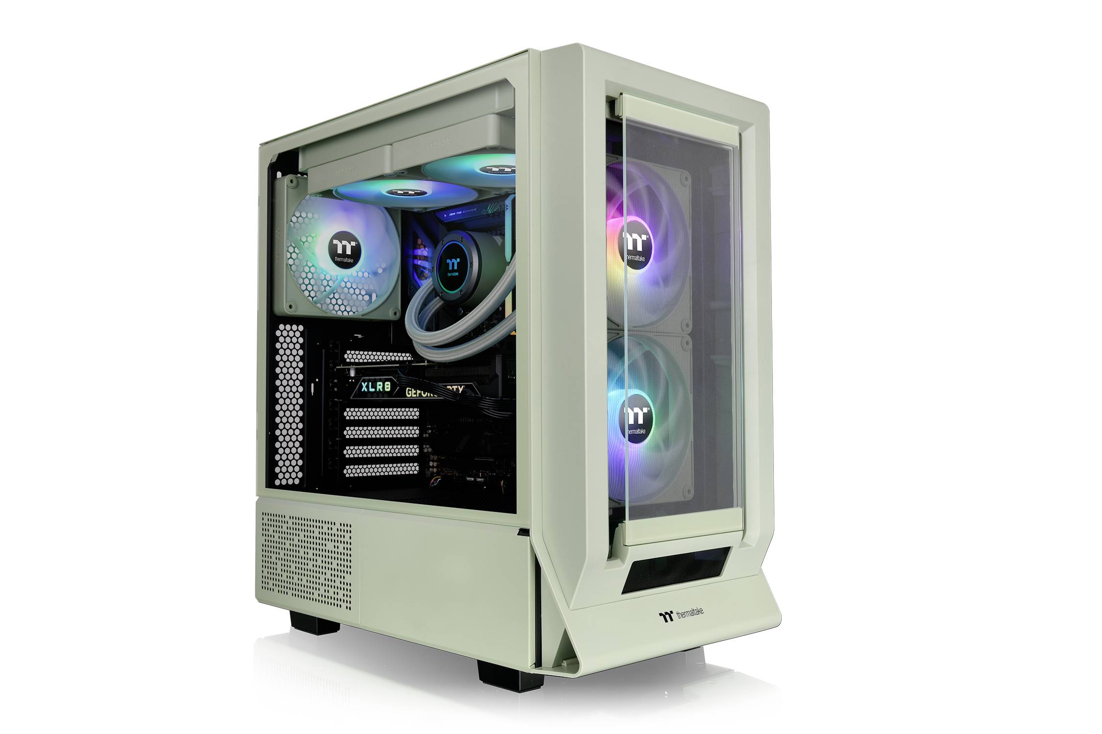 Un boîtier d'ordinateur moderne avec un panneau latéral transparent. À l'intérieur, des ventilateurs et des câbles éclairés par RGB sont visibles.