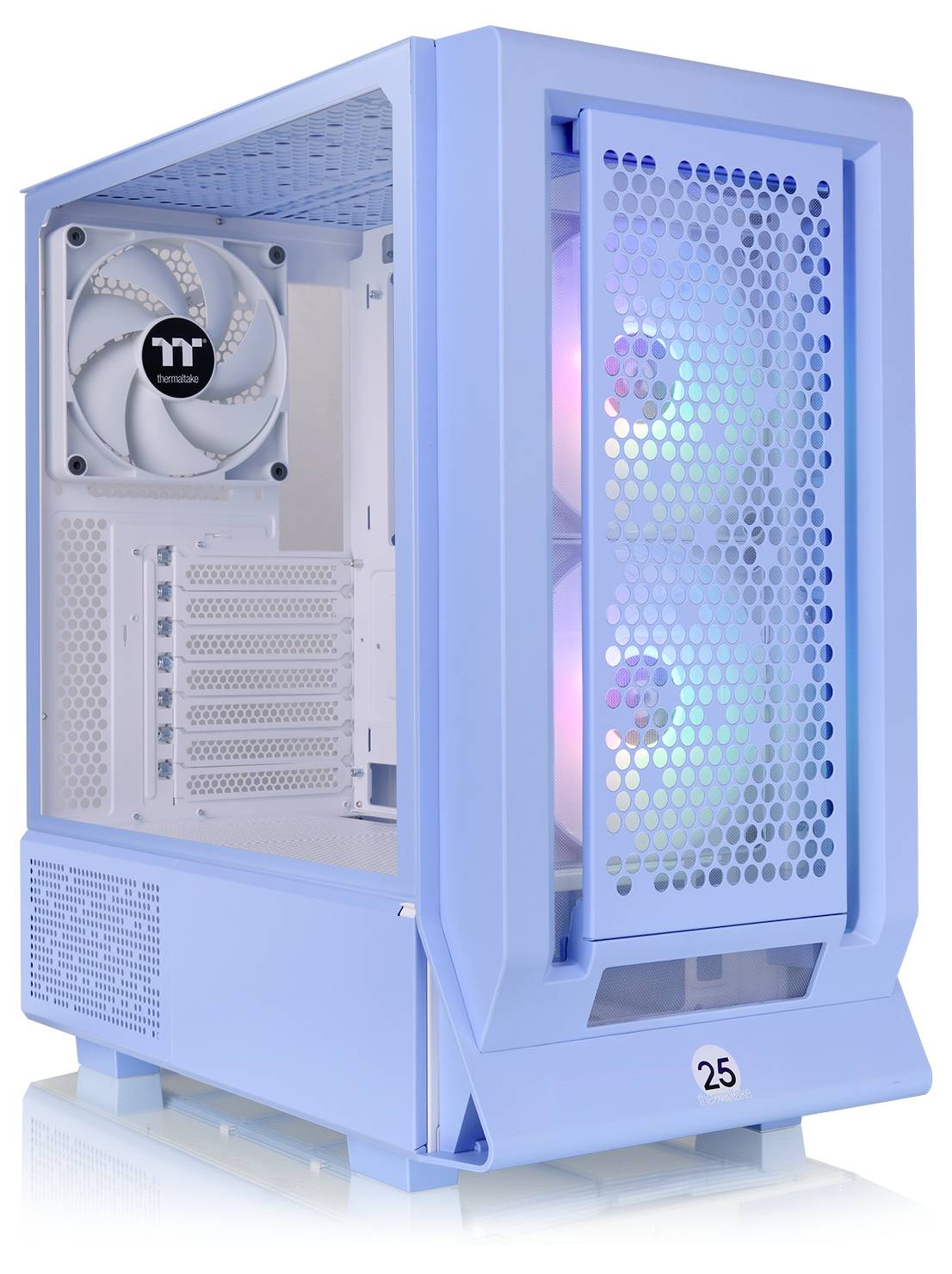 Boîtier PC bleu avec façade perforée, deux ventilateurs visibles avec éclairage RVB et panneau latéral transparent.