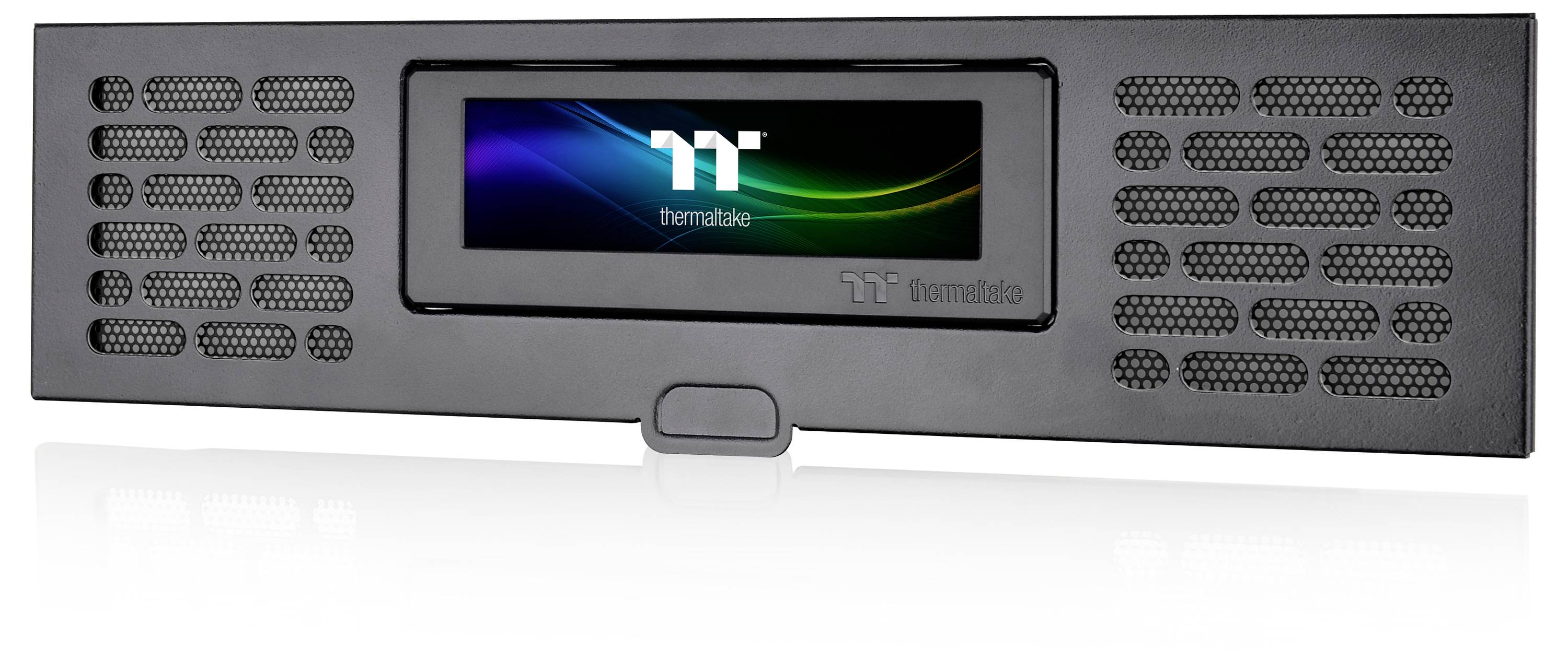Panneau avant noir avec un écran intégré, affichant le logo 'Thermaltake' et des lignes colorées. Ouvertures de ventilation sur les côtés.