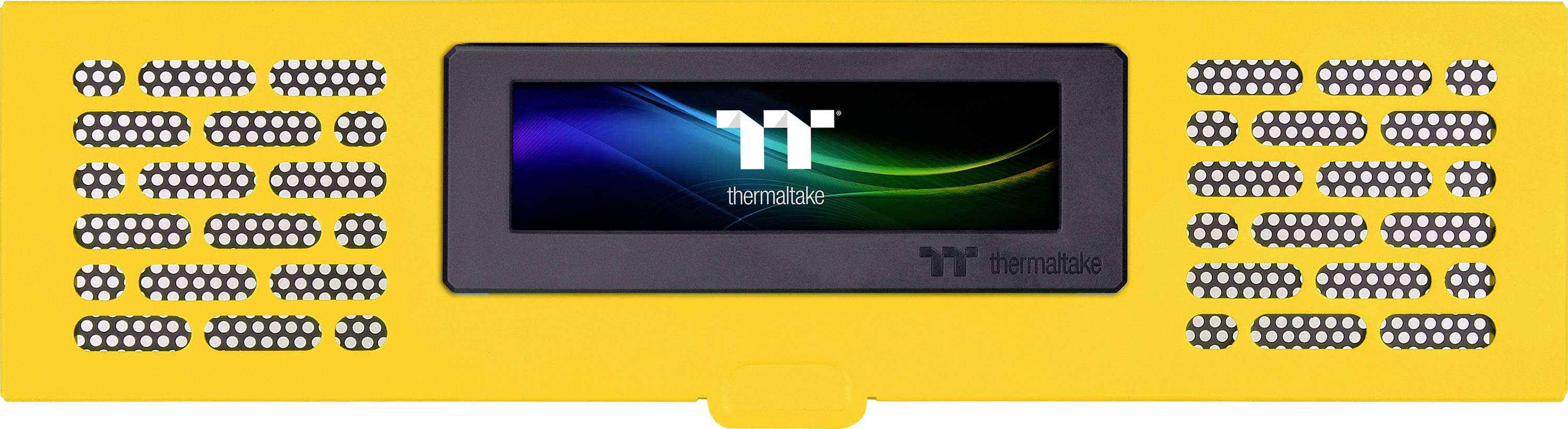 Un ventilateur de CPU jaune avec un boîtier noir au centre. Au centre, un écran numérique affichant un arc-en-ciel coloré et le logo d'une marque.