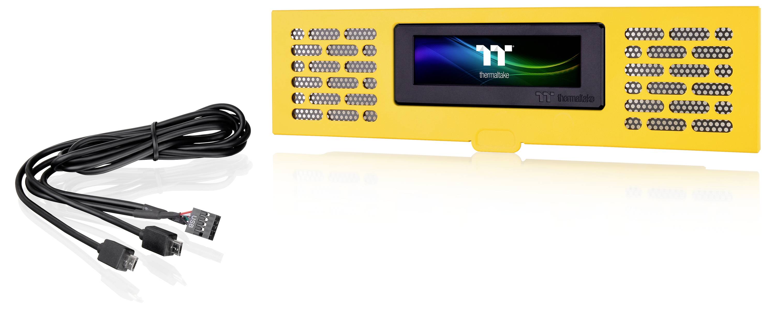 L'image montre un accessoire PC jaune avec des fentes d'aération et un petit écran. À côté se trouve un câble avec plusieurs connexions.