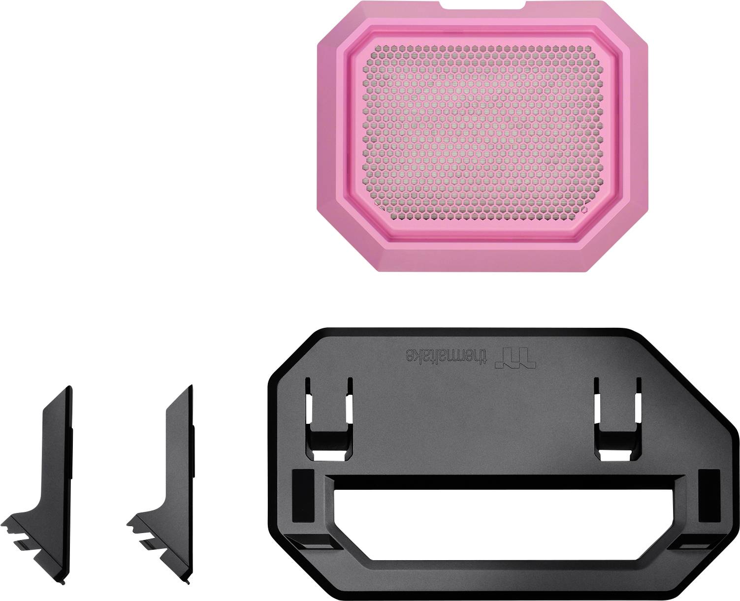 Une grille rose rectangulaire et des supports en plastique noir, probablement des composants d'un dispositif technique.