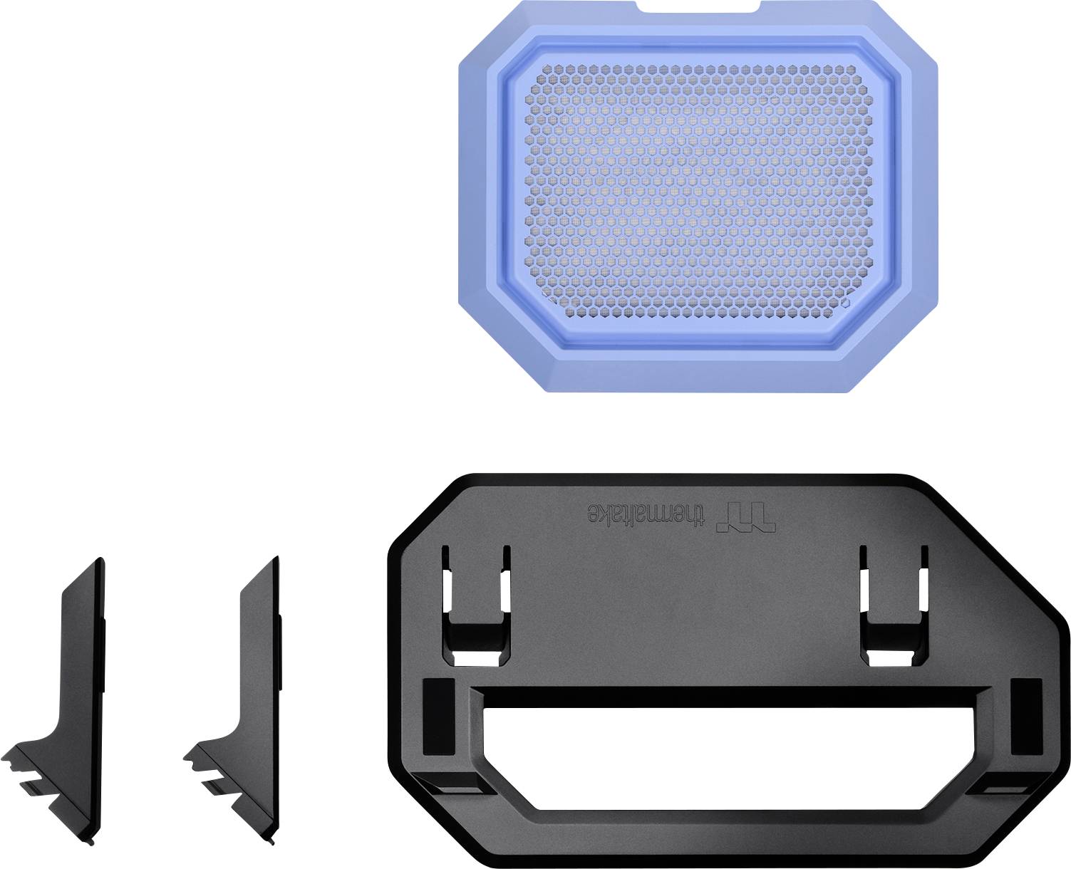 Une grille de ventilation bleue et des supports noirs, probablement des composants d'un boîtier d'appareil, sont représentés.
