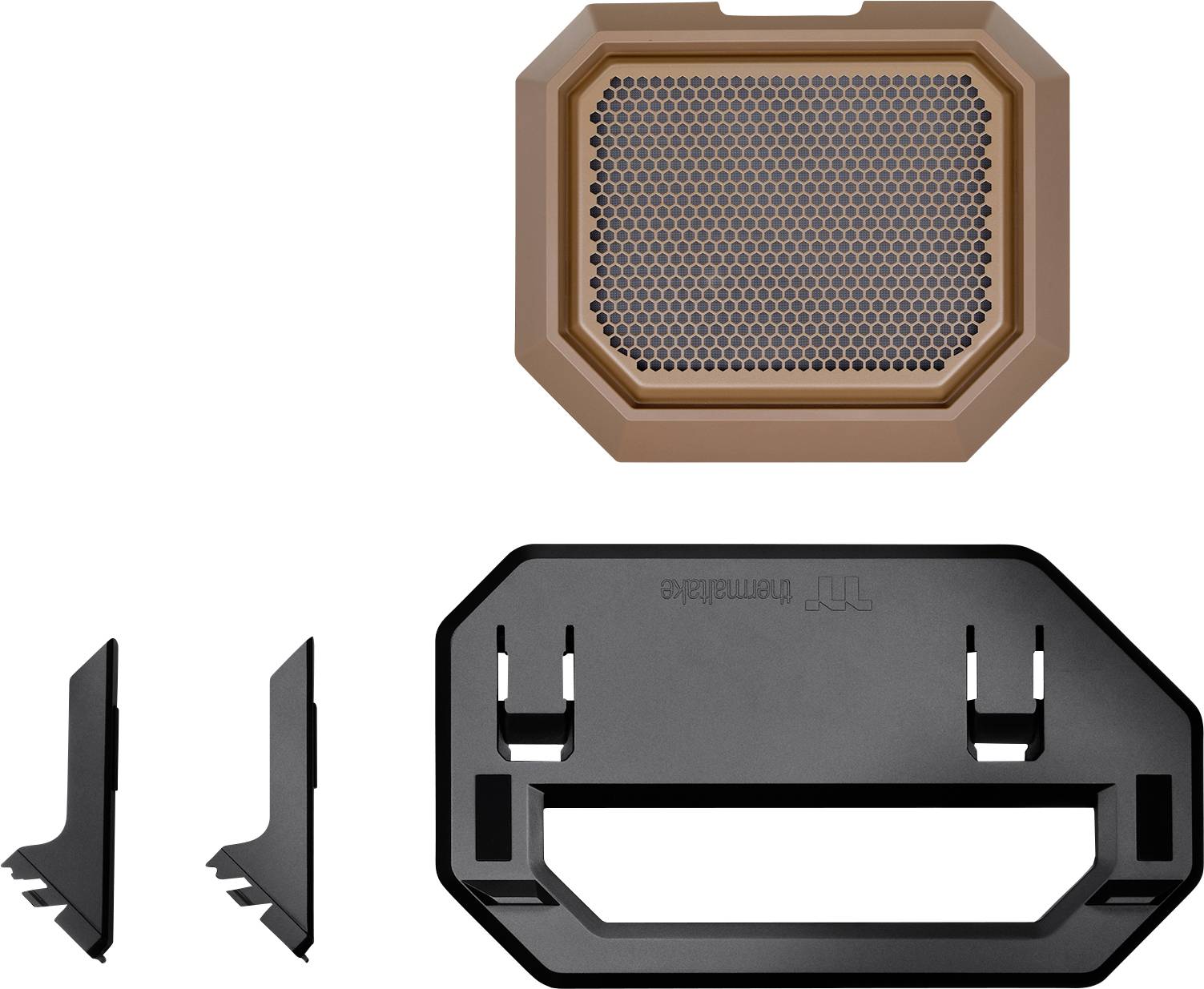 Un insert de grille de ventilation marron à structure alvéolaire avec deux supports en plastique noir en dessous.