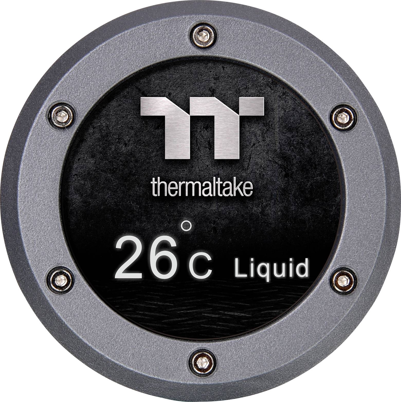 'Affichage circulaire avec logo Thermaltake et indicateur de température : 26 degrés Celsius. Étiquette "Liquid".'