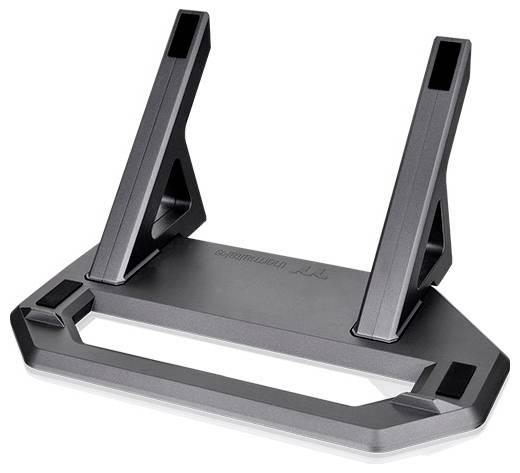 Un support pour ordinateur portable en métal noir avec des supports inclinés qui surélevent et stabilisent l'appareil.