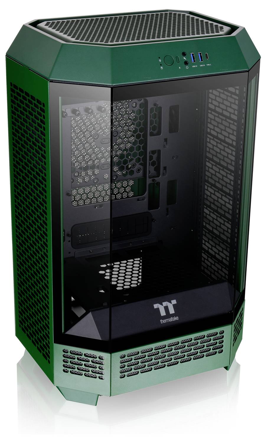 Boîtier d'ordinateur hexagonal avec facade en verre, cadre métallique vert et plusieurs possibilités de connexion en haut.