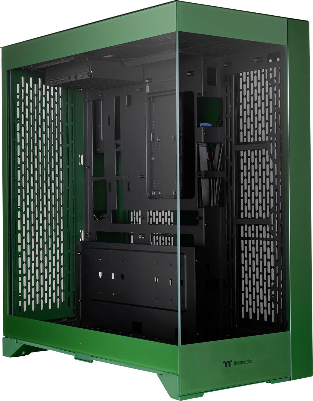 Un boîtier d'ordinateur vert avec des parois latérales transparentes. À l'intérieur, on peut voir l'espace réservé à la carte mère, aux lecteurs et aux ventilateurs.