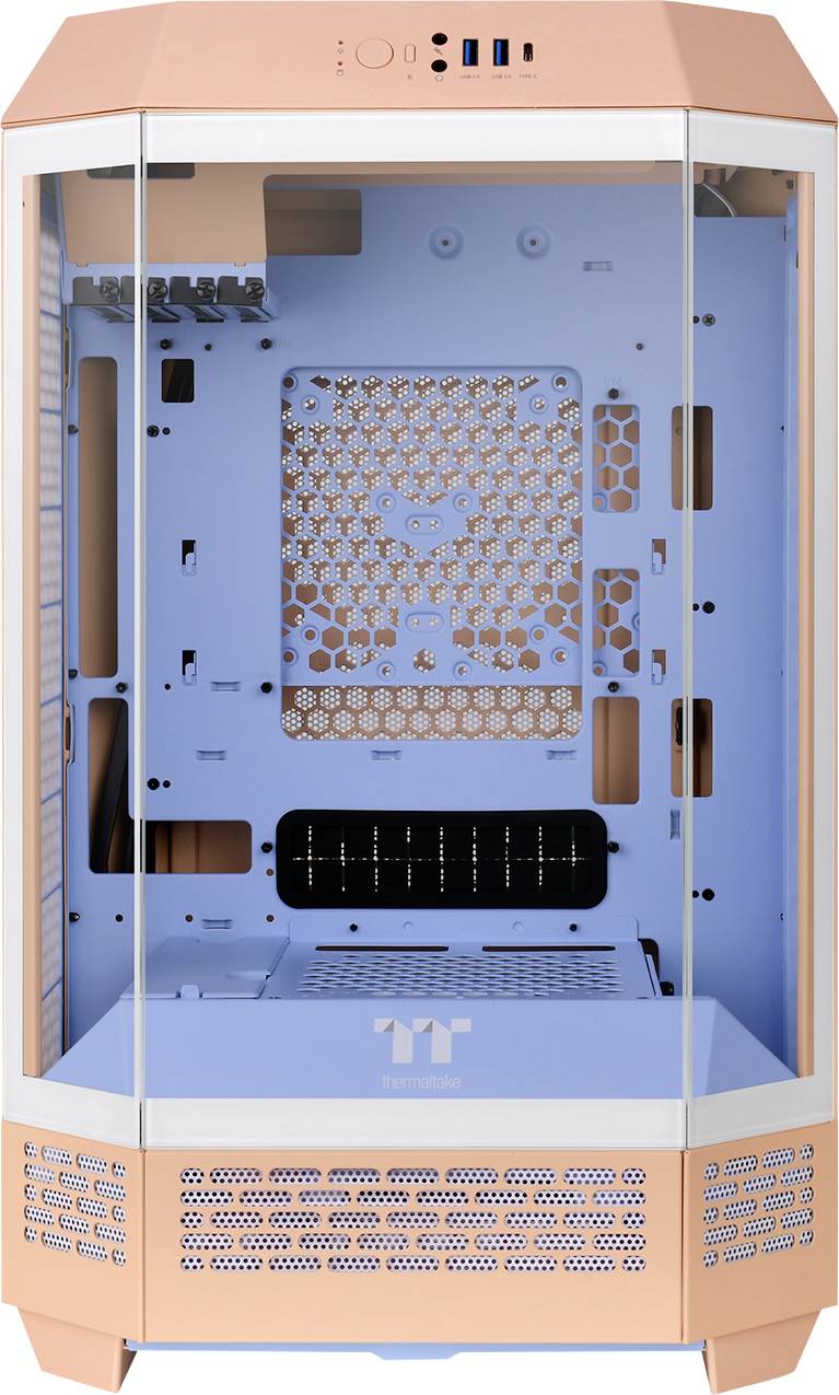 Un boîtier d'ordinateur en orange clair et bleu clair, avec des fenêtres en verre, révèle l'espace intérieur pour les composants informatiques.