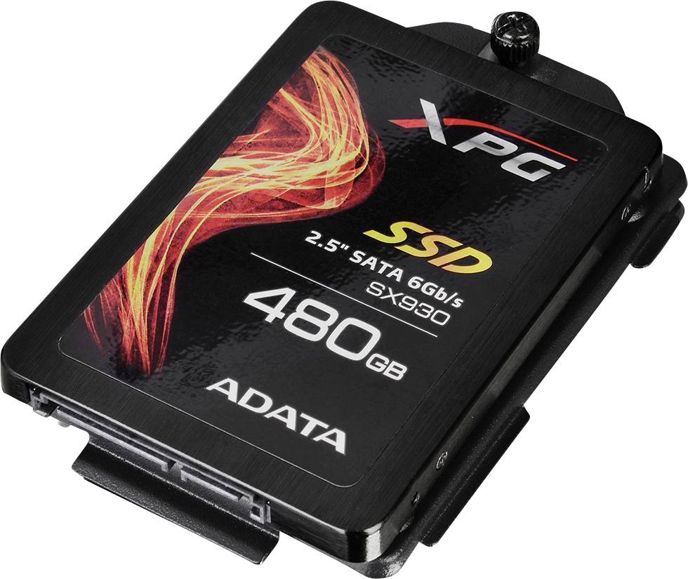 Disque SSD ADATA XPG 480 Go. Noir avec motif de flamme rouge. Étiqueté 2,5" SATA 6 Gb/s SX930.