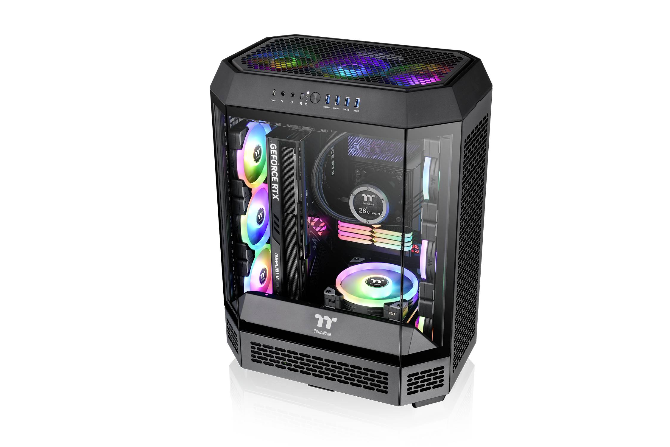 Boîtier de PC gaming avec façade en verre, intérieur visible et éclairage RGB. Comprend des ventilateurs, des systèmes de refroidissement et des effets lumineux saisissants.