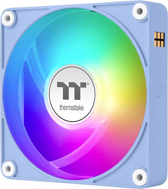 Un ventilateur d'ordinateur carré de couleur bleue avec un éclairage LED multicolore. Au centre se trouve un logo portant l'inscription 'thermaltake'.