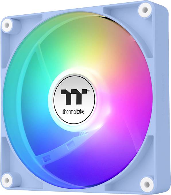 Un ventilateur d'ordinateur rond avec un éclairage LED arc-en-ciel et un boîtier bleu. Logo 'Thermaltake' au centre du ventilateur.