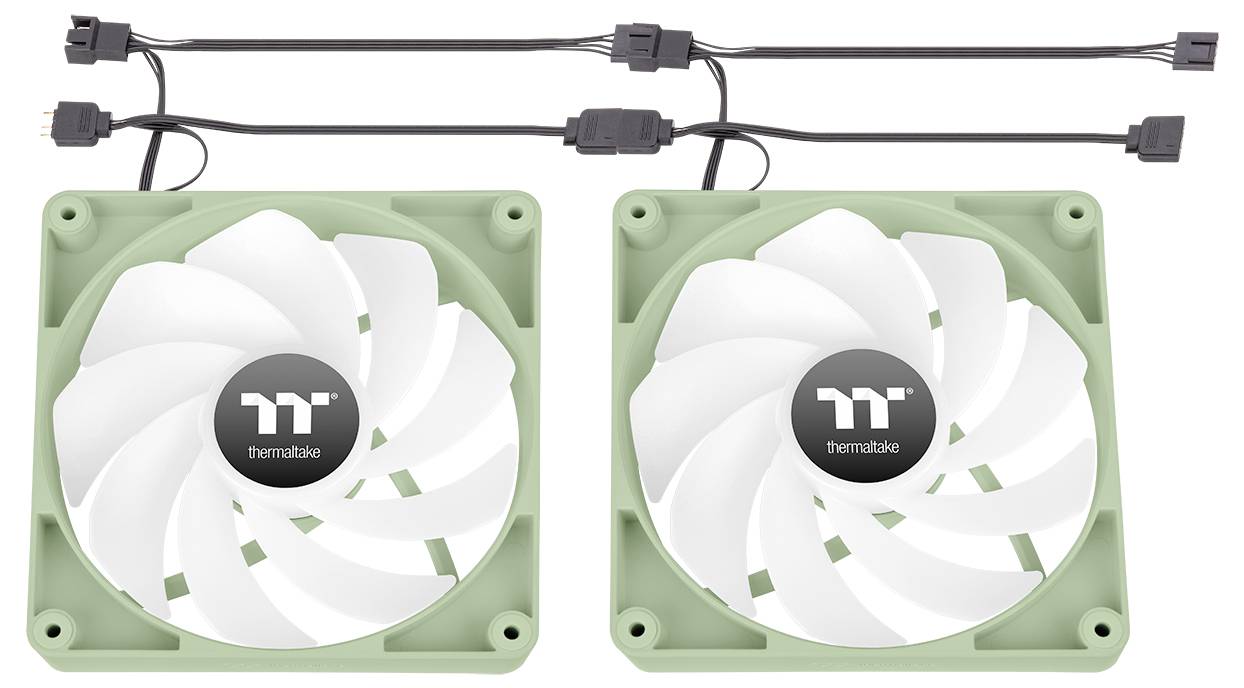 Deux ventilateurs de boîtier verts avec un rotor blanc et le logo d'une marque. Les ventilateurs sont connectés par des câbles et prêts à être installés dans un ordinateur.