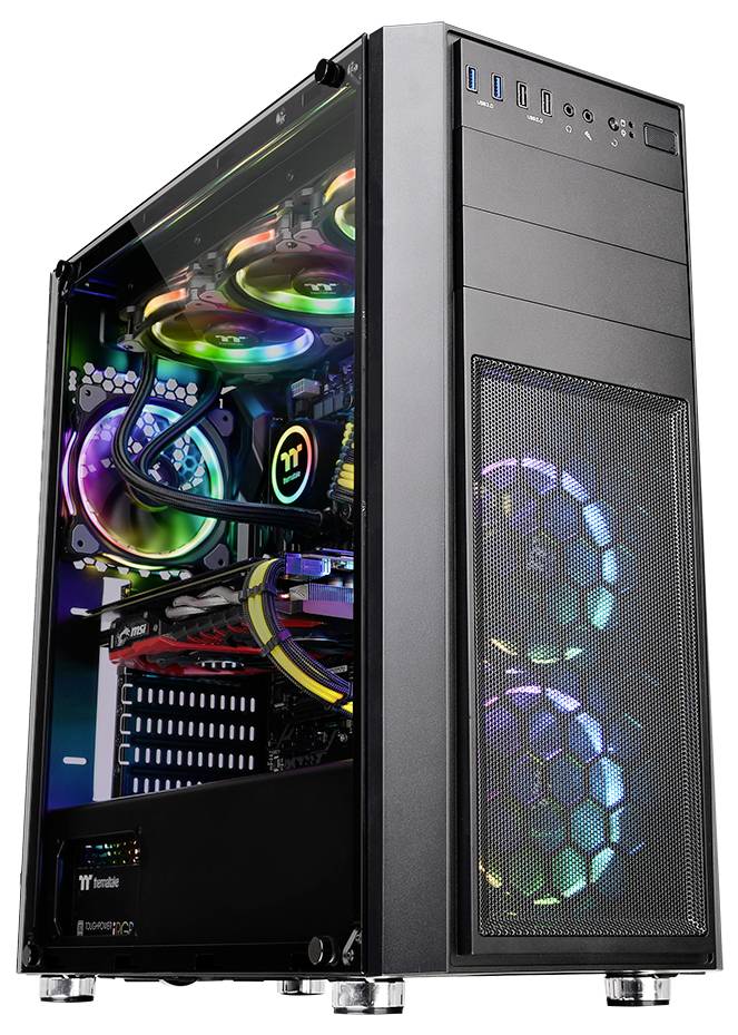 PC de jeu avec des ventilateurs lumineux changeant de couleur dans un boîtier noir. Vue sur des composants tels que la carte graphique et les câbles.