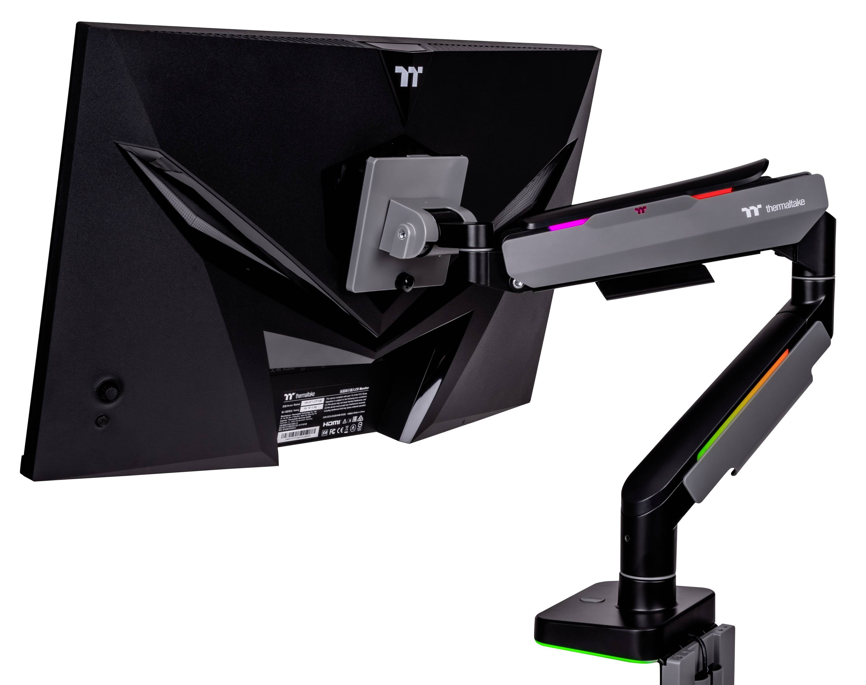 Un moniteur noir est fixé à un bras flexible et réglable. Le bras comporte des bandes LED lumineuses sur ses côtés.