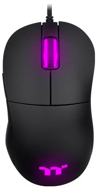 Une souris d'ordinateur noire avec une molette de défilement et un logo roses lumineux, reliée par un câble, probablement utilisée pour naviguer sur une interface informatique.