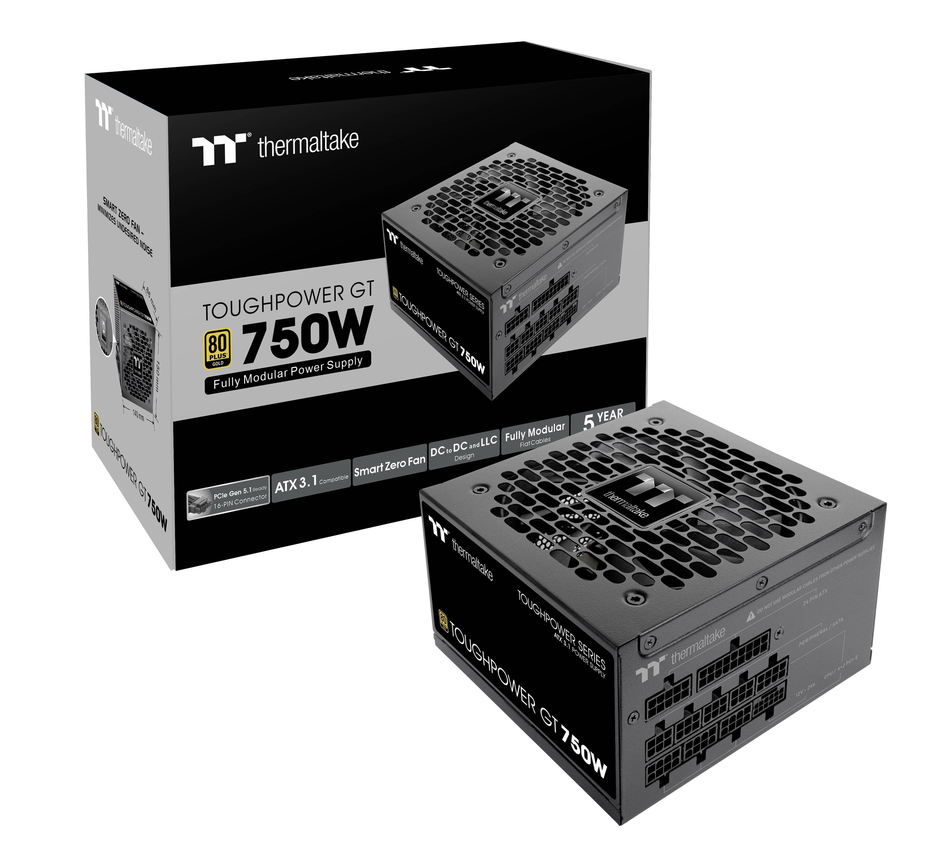 Alimentation Thermaltake Toughpower GT 750W, construction entièrement modulaire, représentée avec son emballage.