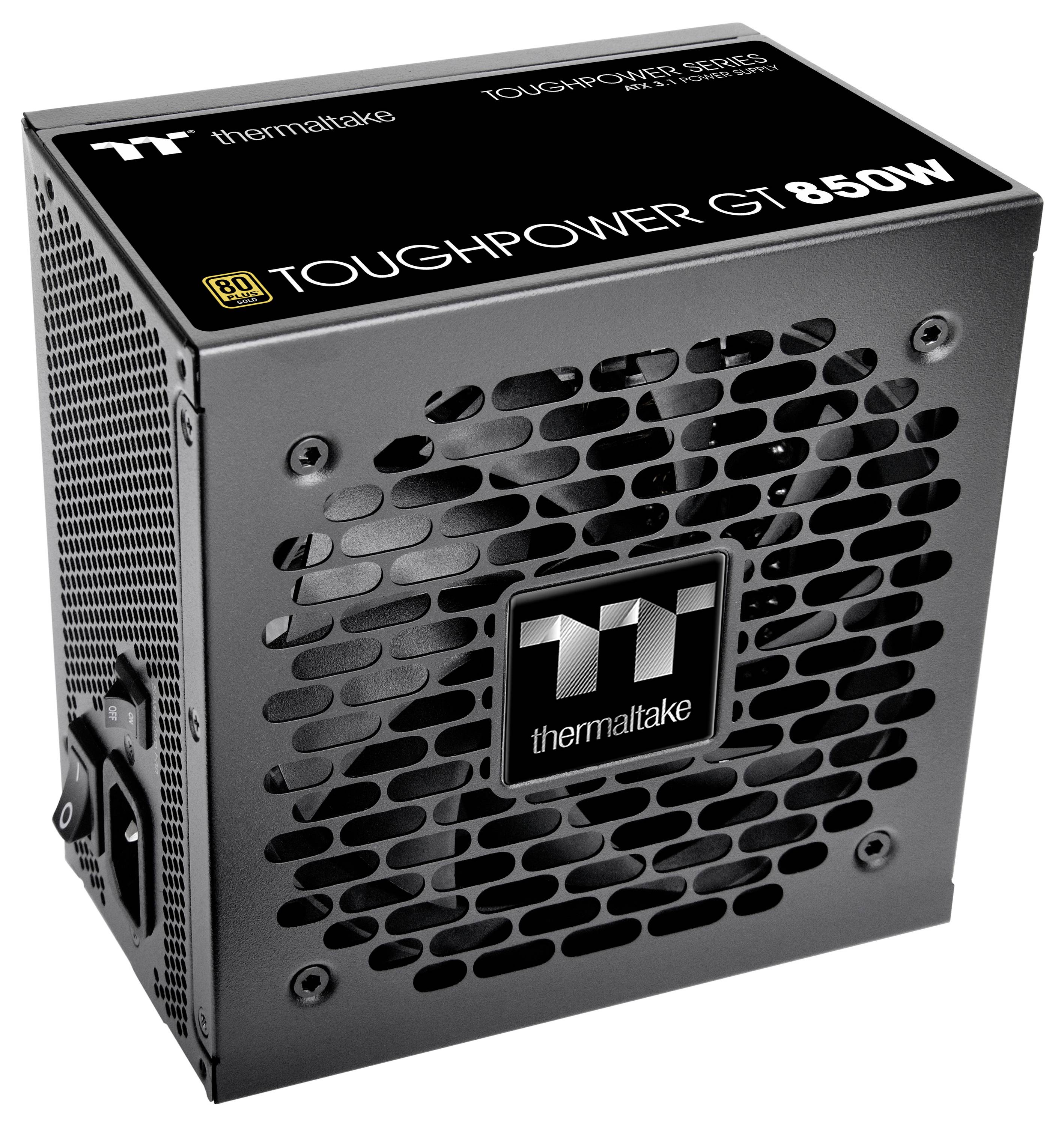 Bloc d'alimentation PC noir et argent 'Thermaltake Toughpower GT 850W', avec des fentes de ventilation et des connexions visibles à l'arrière.